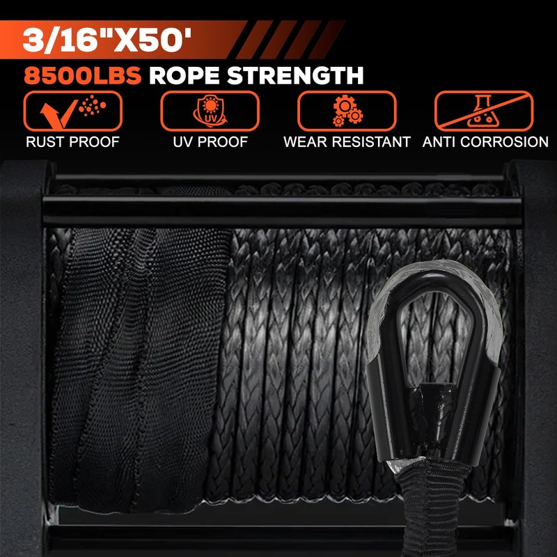 Synthetic Winch Rope Kit, 3/16" x50 ft 8500LBS Winch Cable