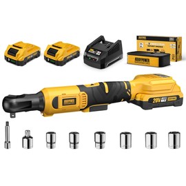 3/8" Cordless Ratchet Wrench Set, 60FT-LBS(80N.m) Electric Ratchet, 2 X 20V Chargeable Power Ratchet Wrench Set with Variable Speed, LED Light, 6 Sockets, 1/4" Adapter, 3" Extension Rod