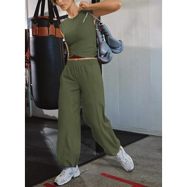 Outfeel Women 2 Piece Outfit Set Loungewear Cropped Tops and Jogger Sweatpant Matching Set Coordinated Sweatsuit with Pockets, Army Green, X-Large