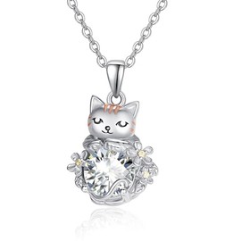 F4DEDAN Cat Necklace Sterling Silver Cubic Zirconia Kitty Necklace Kawaii Cute Cat Gifts for Women