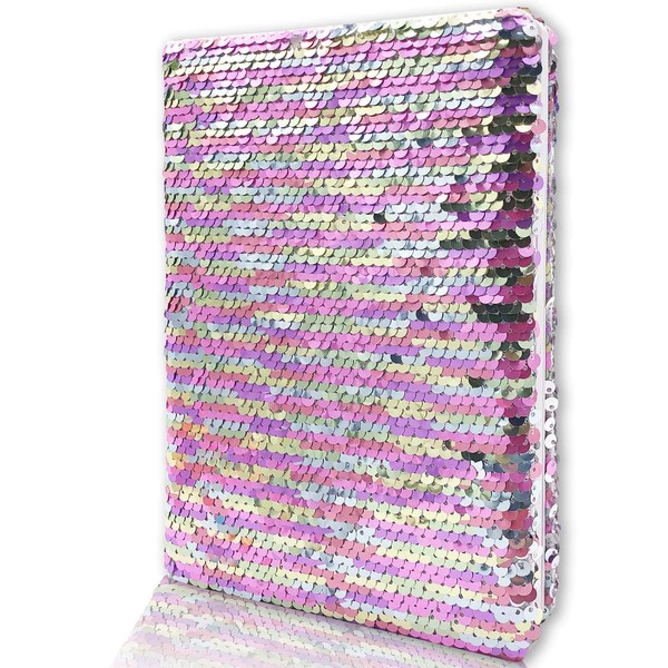 GINMLYDA Sequin Girls Journal for Kids, 8.5x5.5 160 Lined Pages Diary for Girls and Boys Reversible Flip Sequence Notebook for Teenage Pre School Writing Drawing Travel Gifts (Rainbow to Sliver)