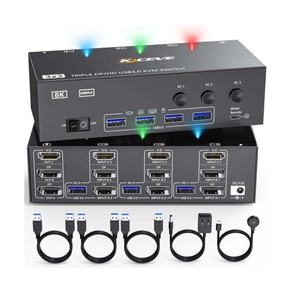 KCEVE 8K KVM Switch 3 Monitors 3 Computers HDMI +