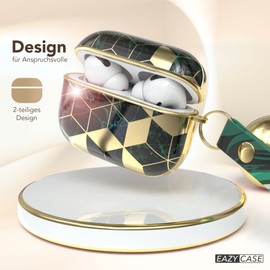 EAZY CASE - Protective Case for AirPods Pro Case Green Hard Case Shockproof with Carabiner Suitable as Key Chain Anti-scratch Case Non-Slip Hard Case for Airpod Pro 1st Generation in Gold Green Marble