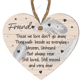Friend Memorial Plaque – 'Those We Love Don't Go Away' Heart-Shaped Wooden MDF Sign | Remembrance Gift for a Lost Friend | Memorial Keepsake Plaque with Feathers Design