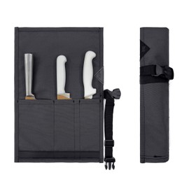 Under NY Sky Knife Roll Case - 3 Slots - Heavy Duty Oxford Canvas Pouch - Leather Reinforced - Portable Bag for Cooking Tools, Utensils, Cutlery Knives, Brushes - Chefs, Kitchen, Travel, Gift - Gray