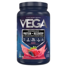 Vega Sport Vegan Protein Powder + Recovery - 30g Plant Based Protein per Serving, Berry, 19 Servings, 5g BCAAs, Probiotics, NSF Certified, for Shakes & Smoothies, 1.8lbs (Packaging May Vary)