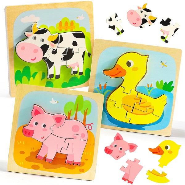 TOY Life Wooden Puzzles for Toddlers 1-3, 3 Animal Shape Puzzle Montessori Toys for 1 2 3+ Year Old Toddler Girl Boy, Baby Puzzle for Kid Age 2-4, STEM Educational Sensory Learning Toy Birthday Gifts