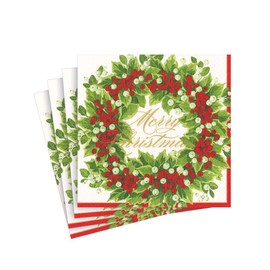 Holly and Berry Wreath Merry Christmas Paper Cocktail Napkins - 20 Per Package