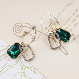 Inateannal Boho Emerald Crystal Earrings Emerald Cz Dangle Earrings Green Gemstone Square Earrings Shiny Crystal Cz Earrings Jewelry for Women and Girls(Gold)
