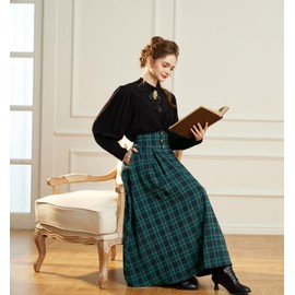 SCARLET DARKNESS Women's Victorian Plaid Maxi Skirt Elastic High Waist A-line Medieval Costume Skirt, Green plaid