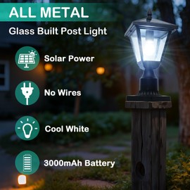Jalarox Solar Post Lamp Lights, Metal and Glass Built Dusk to Dawn Solar Post Lights with Pier Mount Base, 6000K Outside Lights Outdoor Waterproof for Garden Yard Pole Pillar(Cool White)