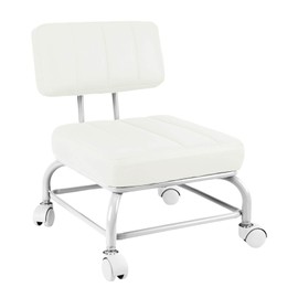 IMMER LIEBEN Low Rolling Stool Roller Seat with Universal Swivel Caster Wheels for Home Office Stool Garage Shop Stools PU Leather High Density Cushion and Steel White