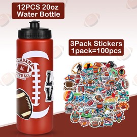 RhythmFit 12 Pack Football Water Bottle Bulk with 300 PCS Football Stickers 20 oz Reusable BPA-Free Football Water Bottles for Boys Sports Squeeze Bottles Football Party Favors football Gifts For Team