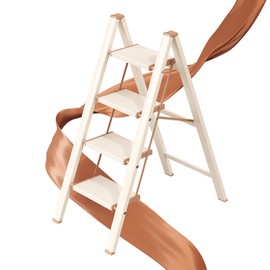 GameGem 4 Step Ladder, Folding Step Stool with Wider Pedal, Anti-Slip Feet & Non Slip Stripes, Aluminum Sturdy Material, 300Lbs Capacity, Elegant Look of Cream Chocolate Better Matches Your Home