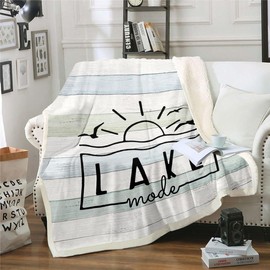 Lake Life Decor Throw Blanket Cute Sun Sketch Sunset Fleece Blanket,Retro Lake Cabin Decor Watercolor Wood Plank Blanket 50"x60" Lake House Gifts,Farmhouse Style The Lake House Decor for The Home