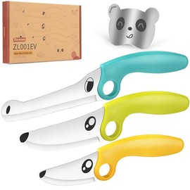 Kids Knife Set for Real Cooking with Educational Ring  Safe Stainless Steel Chef Kit + Panda Finger Guard   STEM Kitchen Learning Tool for Boys & Girls (Warm-Toned) - Color: Blue