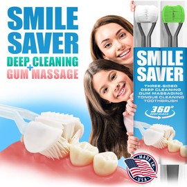 SMILE SAVER 360° Deep Clean 3-Sided Toothbrush | 2-Pack | Deep Cleaning + Gentle Gum Massage + Tongue Cleaner | Adults Children Braces Travel Gift Kids (White & Neon - Charcoal Handles)