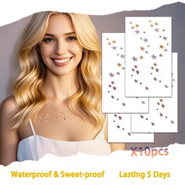 AmiCera Temporary Tattoos, 10 Sheets Fake Glitter Tattoos for Women Girls Kids Adults, Semi Permanent Tattoo for Face Collarbone Chest Art Body, Festival Decor Long Lasting, Shinny Star Tattoo Sticker