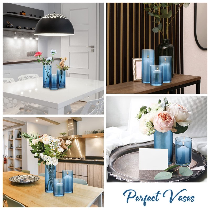 Set of 3 Blue Clear Hurricane Candle Holder Glass Cylinder
