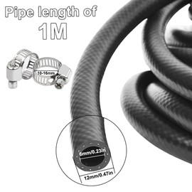 Rubber Hose Radiator Hose, Diameter 6 mm NBR Fuel Hose (Inside 6 mm/Outer 12 mm), 1 Metre Car Fuel Line, Diesel Hose, Coolant Hose for Petrol Fuel, with 2 x Hose Clamps