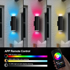 Yasotek Outdoor Up Down Light – Smart RGB+CCT Color Changing Waterproof Wall Sconce, 1‑100% Dimmable, RGBCW App & RF Control, Music Sync, Heavy‑Duty IP65 LED Outdoor Wall Light