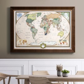 Renditions Gallery Colorful World Map Canvas Wall Art with Dark Espresso with Gold Frame Wall Hanging Travel Map with Push Pins for Home, Office, Classroom