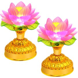 YISHUI Lotus Lamp Lotus Light Lotus Flower Buddhist Tool Collection Ornaments Golden Lotus Meditation Temple Craft Stand Lighting(Pink)
