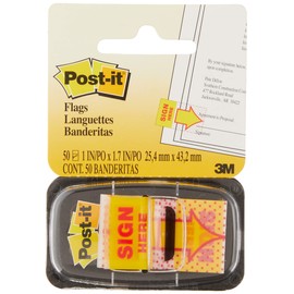 Post-it Printed Message Flags, "Sign Here", 1 Inch Yellow, One Dispenser of 50 Flags