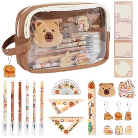 LHOEST Capybara Pencil Case with Stationary 52Pieces Capybara Stationery Set for Girls Boys Kids Black Gel Pens Capybara Stickers Cute Pencil Case Animal Stationary Kawaii Capybara Keyring Keychain