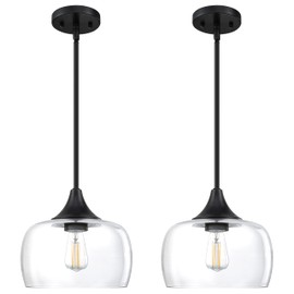 2 Pack 1 Light Hanging Indoor Kitchen Island Pendant Ceiling Light 9" Drum Clear Glass Shade Fixture,Black Finish Modern Farmhouse Dinning Over Sink Adjustable Rod