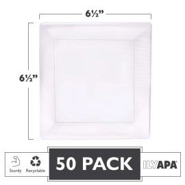 Ilyapa 50 Plastic Square Plates - 6.5 Inch Clear Disposable Plates for Dessert, Salad o