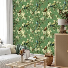 VEELIKE Vintage Branches and Birds Wallpaper Stick and Peel Green Butterflies Floral Wallpaper for Bedroom Bathroom 17.7''x118'' Self Adhesive Removable Green Contact Paper for Cabinets Drawers Walls