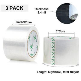 BOMEI PACK 3 inch Wide Heavy Duty Packing Tape, 2.4 Mil 3.0 Inch x 60 Yards, 3 Refills Rolls Clear Box Tape for Moving, Shipping, Mailing and Packaging