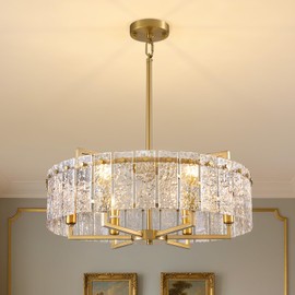 MOOONICHE 23.62" Gold Water Ripple Glass Chandeliers, 6-Light Modern Round Chandelier, Luxury Drum Chandelier Lighting Fixtures for Living Room Dining Room Kitchen Bedroom Foyer Hotel