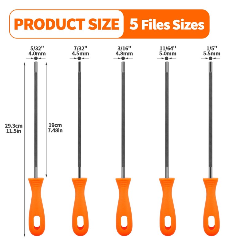 5/32, 7/32, 3/16, 11/64, 1/5 inch Chainsaw Chain Sharpening File,