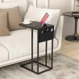 Livofloral C Shaped End Table for Couch, Small Couch Side Table for Sofa, C Side Table with Storage Bag, TV Tray Table for Living Room, Bedside Table for Bedroom, Snack End Table for Couch, Black