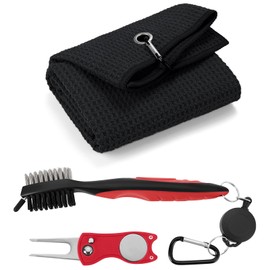 3 in 1 Golf Cleaning Kit, Microfiber Golf Towel with Carabiner, Club Club Brush, Golf Divot Repair Tool with Ball Marker, Ideal Golf Accessories (Red Brush+Black Towel+Red Divot Tool)