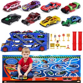 Vehículo de transporte para niños y niñas, remolque de camión con 8 coches, calcomanías y señales de carretera, juguete de lanzamiento de coche, regalo para cumpleaños y fiesta, adecuado para niños de 3, 4, 5, 6 años