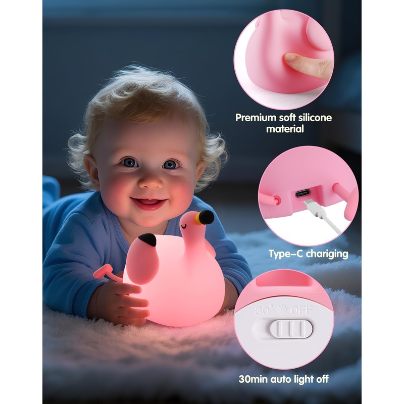 YISUN Flamingo Night Light for Kids, Soft Silicone Nursery Night