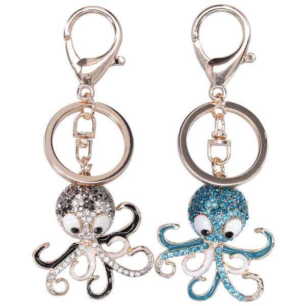 2PCS Cute Octopus Crystal Rhinestones Keychain Animal Keyring Car &