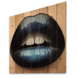 DesignQ Woman Lips With Black And Blue Lipstick Modern & Contemporary Wood Wall Decor, Blue Wood Wall Art, Large People Wood Wall Panels Printed On Natural Pine Wood Art