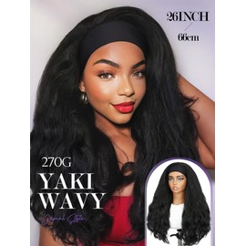 FANCEE FANCEE Yaki Wavy Headband Wigs Black Kinky Straight Wear and Go Wig with Curly Wavy Ends for Mom on the Go Synthetic Headband Blow Out Style Natural Hair Wig for Black Women
