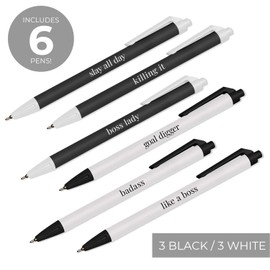 Canopy Street Black And White Female Empowerment Pen Set / 6 Black Ink Gel Glide Pens/Encouraging Boss Babe Office Supplies/Boss Appreciation Employee Recognition