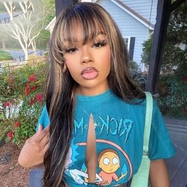 Highlight Colored Ombre 1B 27 Silky Straight Hd Invisible 13X4 Lace Front Human Hair Wigs With Bangs Glueless Brazilian Human Hair Wig Long Straight Hair Highlights Wig for Women 150 Density 18 inch