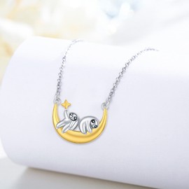 YEESIA Sloth Necklace Sterling Silver Sloths on Moon Pendant Necklace for Women Girls Cute Animal Heating Jewellery Sloths Gifts, Sterling Silver, No Gemstone