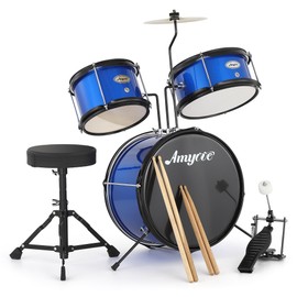 3 Piece Kids Drum Set with Cymbal, 2 Drumsticks, Pedal, 2 Tom,Beginner Junior Drum Kit with Throne Stool, Musical Instruments for Boys and Girls, Blue