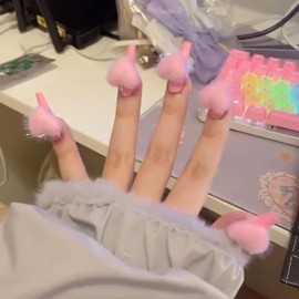 Valentine's Day Press on Nails，Pink Plush Heart False Nails，Extra Long Length Coffin Fake Nails，5D Stereo Love Acrylic Nails For Women Girl 24PCS