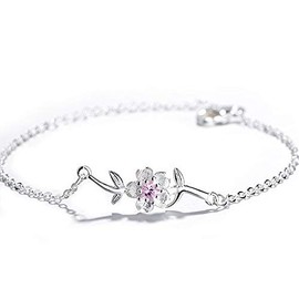 xuanhang 925 Sterling Silver Plated Cubic Zirconia Pink Purple Cherry blossom Flower Tree Branch Adjustable Bracelet (Pink)