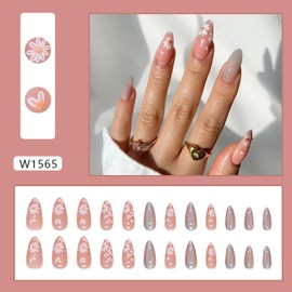 FIEONCIY Press on Almond Nails-24Pcs Glossy Full Cover Acrylic Fake Nails with Designs Artificial Medium Almond False Nails Reusable Pointed Fake Nails Glue on Fingernails for Women Girls(W1565)