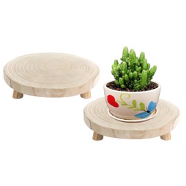 CYS EXCEL 2 Pcs Wooden Plant Stands Modern Raised Display Risers for Indoor Planters Round Natural Wood Slice Pedestals with Short Legs for Tabletop Decor Rustic Boho Home Accent, 13 Inch Diameter